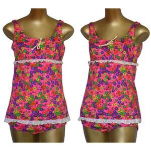 Vintage 60s Two Piece Swimsuit, Mod Floral Print Barkcloth, Eyelet Trim, Size S